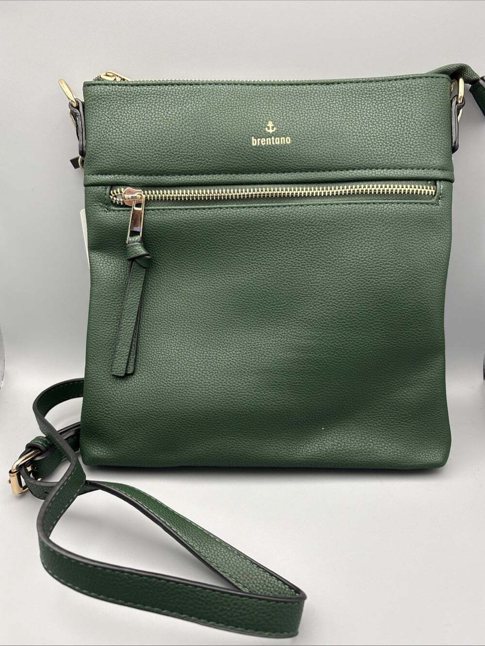 Brentano Double Zipper Square Crossbody In Green With Chain Strap 9” x 10x 1”